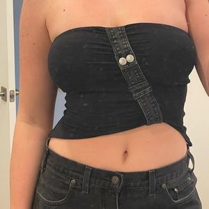 Asymmetrical denim strapless top. Size small with tags